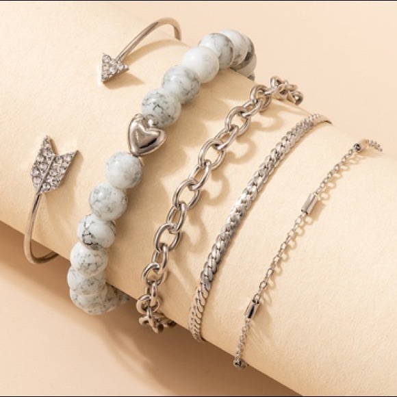 Jewelry - Heart Beaded Inlaid Diamond Arrow Chain Bracelet Five-piece Set